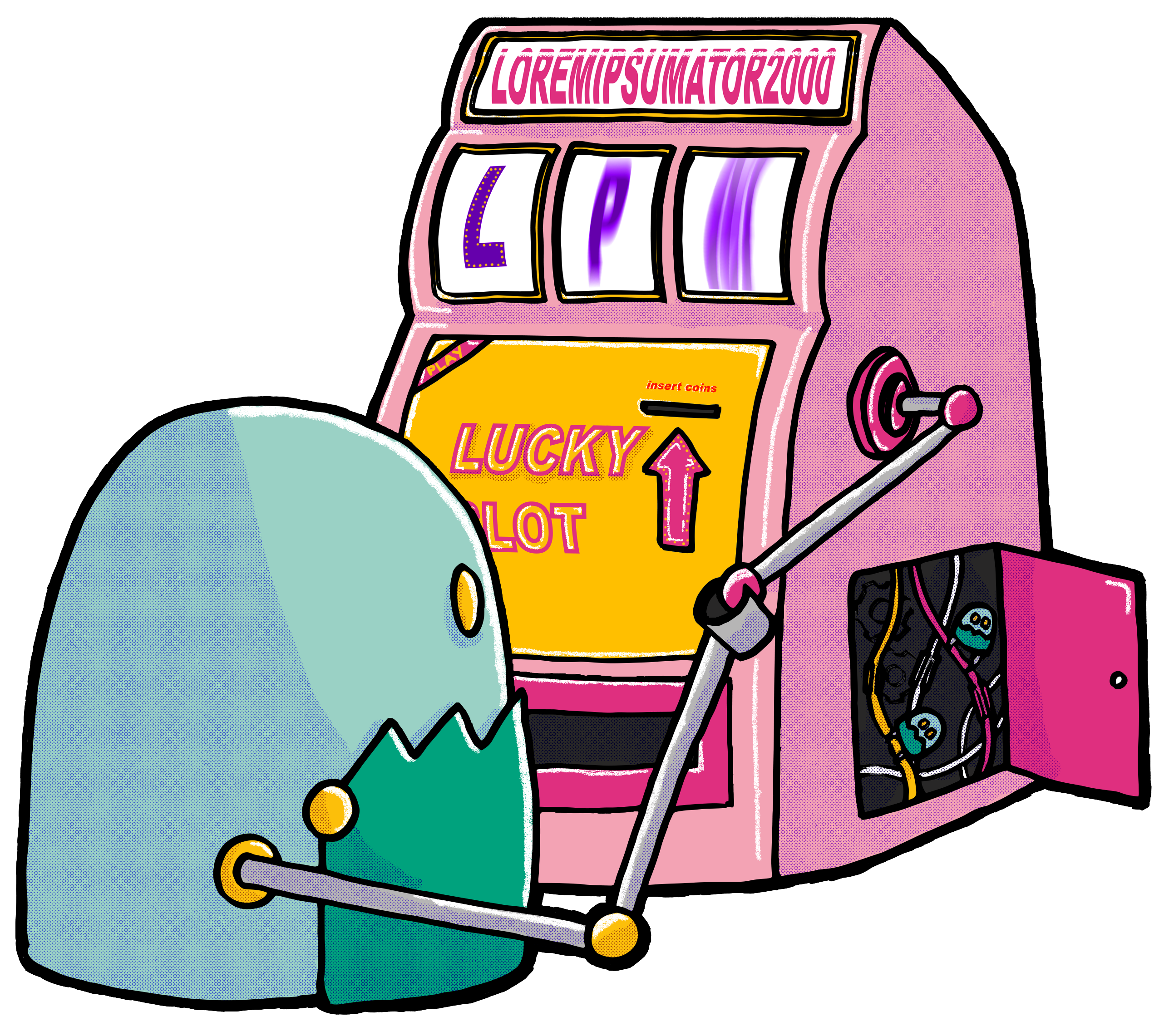 Pink robot pulling a slot machine