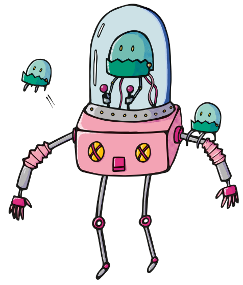 Pink robot controlled by a green alien, with two other aliens flying around